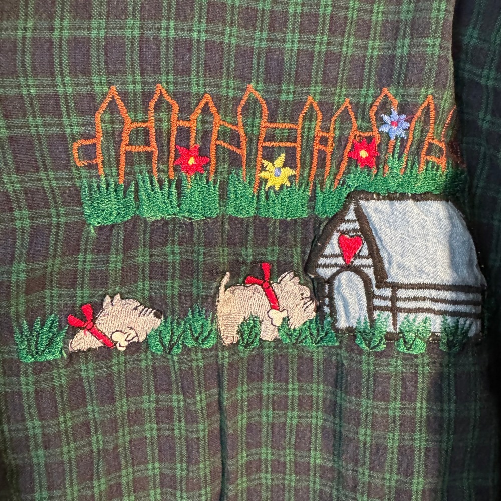Vtg 90s Embroidery Scottie Dog Plaid Flannel Green Corduroy Cottagecore Farmcore - Picture 4 of 8